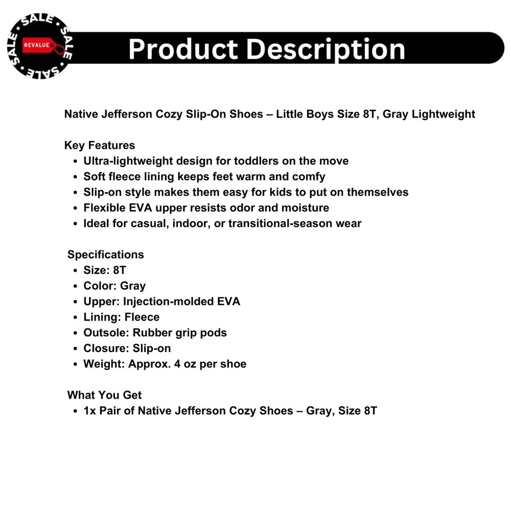 Native Jefferson Cozy‎ Slip-On Shoes – Little Boys Size 8T, Gray Lightweight - Picture 2 of 6